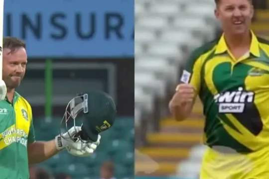 Split image of a South African cricketer celebrating and an Australian cricketer in action