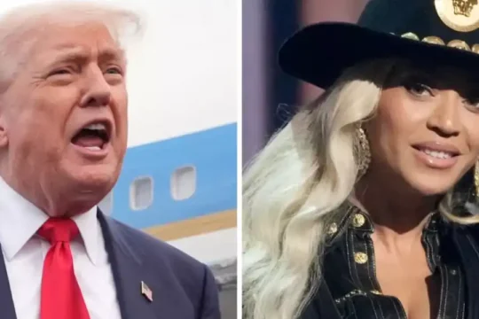 Split image of Donald Trump speaking and Beyoncé in a cowboy hat.