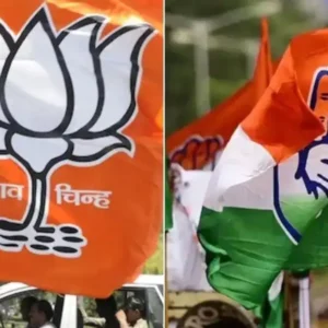 Split image showing flags of two major Indian political parties: the BJP (Bharatiya Janata Party) with a lotus symbol and the Indian National Congress with a hand symbol.