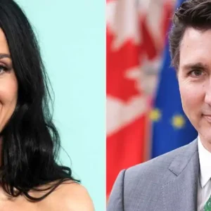 A split image featuring Katy Perry on the left and Justin Trudeau on the right.