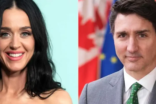 A split image featuring Katy Perry on the left and Justin Trudeau on the right.
