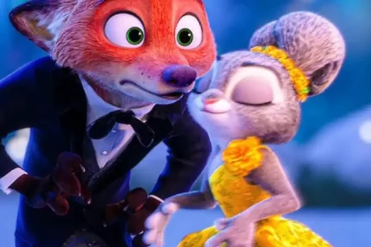 Animated fox Nick Wilde looks concerned at a smiling bunny Judy Hopps.