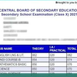 A CBSE Class 10th result sheet for 2021 with subject-wise marks and grades.