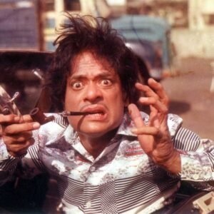 Man with wild hair and exaggerated expression holding two pipes and a mirror.