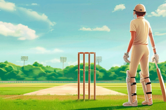 A lone cricketer stands on a sunny field, facing the pitch.