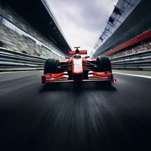 Front view of a red Formula 1 race car speeding on a racetrack with blurred motion and packed grandstands on both sides.