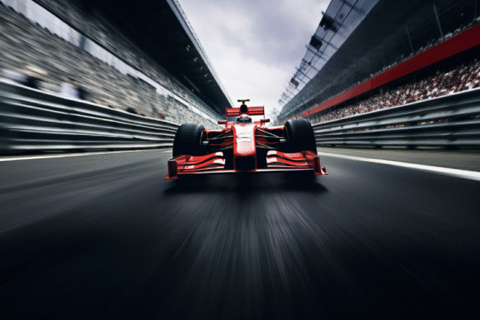 Front view of a red Formula 1 race car speeding on a racetrack with blurred motion and packed grandstands on both sides.