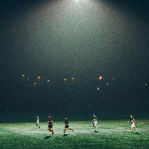 Football players on a dimly lit field under a spotlight.