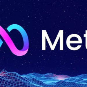 The Meta Platforms logo and wordmark against a starry, grid-like virtual landscape.