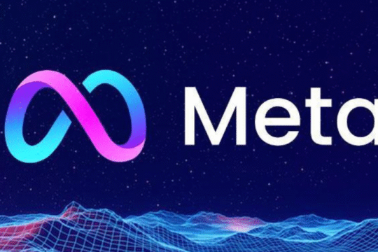 The Meta Platforms logo and wordmark against a starry, grid-like virtual landscape.