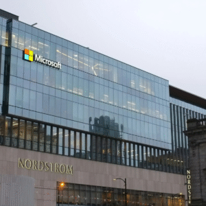 The Microsoft and Nordstrom logos are visible on a modern glass building.