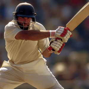 Cricketer in batting stance, helmet, hitting ball.