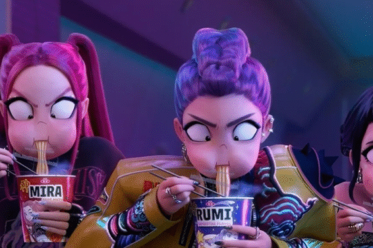 Three animated characters intensely eating noodles from cups, with names Mira, Rumi, and Zoey.