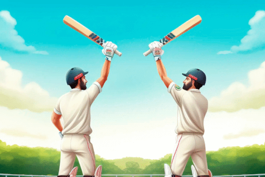 Two animated cricketers celebrating a victory with bats raised on the field.