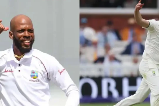 A split image showing two cricketers: one in a West Indies uniform celebrating, and another in an Australian uniform bowling.