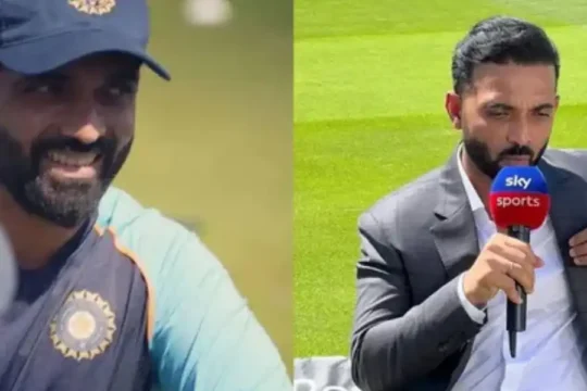 Split image showing Indian cricketer Ajinkya Rahane in a practice kit and as a Sky Sports pundit.