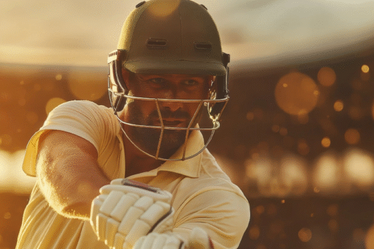 A cricketer in a helmet and pads, batting under the golden sunlight.