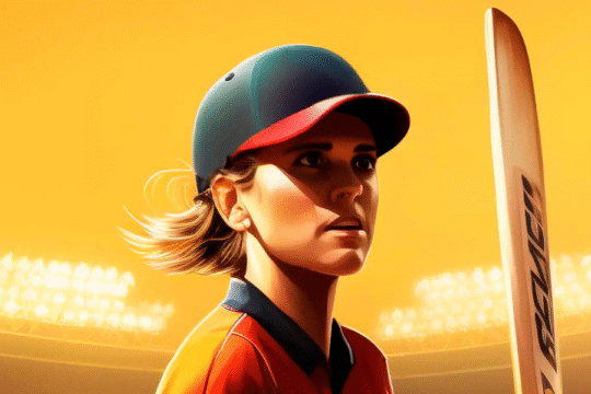 A vibrant illustration shows a focused female cricket player in a helmet and jersey, holding a bat, against a bright yellow sky and blurred stadium lights.