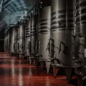 A long row of large, gleaming stainless steel fermentation tanks in a winery.