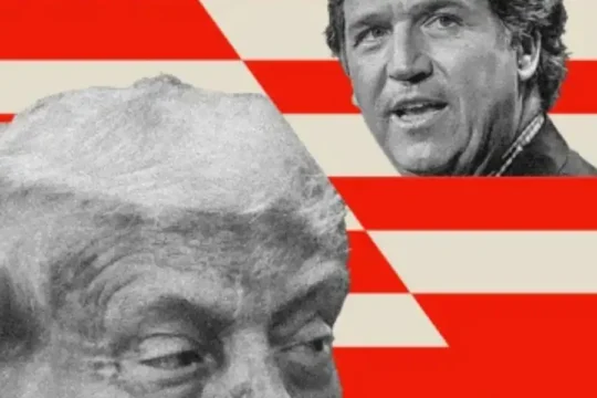 Donald Trump and Tucker Carlson on a background of red and white stripes.