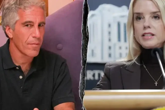 Split image of Jeffrey Epstein and a blonde woman, likely a lawyer, speaking at a podium.