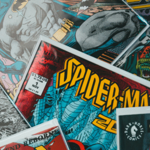 A close-up shot of various colorful comic book covers.