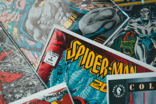 A close-up shot of various colorful comic book covers.