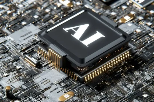 A detailed close-up of an AI chip on a circuit board.