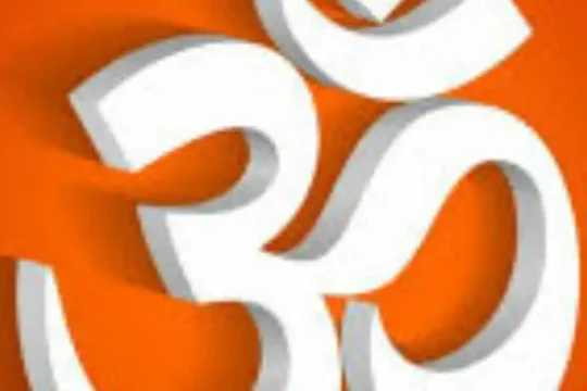 The sacred Hindu symbol Om in white 3D, with the word "Shanti" (Peace) written twice below it in Devanagari script, all on an orange background.