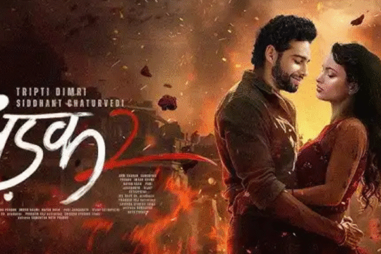 The movie poster for "Dhadak 2" featuring Tripti Dimri and Siddhant Chaturvedi in an embrace amidst a fiery backdrop.