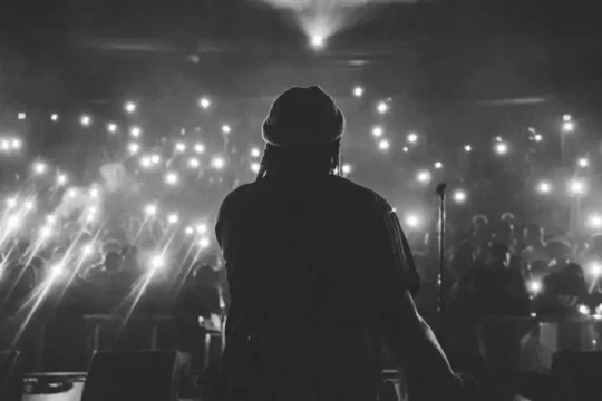 Silhouetted artist performs to a dark, phone-lit concert audience.