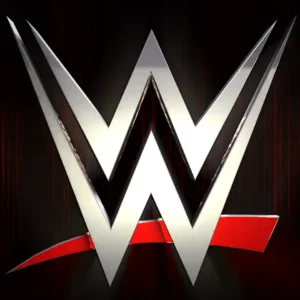 The metallic silver WWE logo with red accents, set against a dark background with vertical red lines.