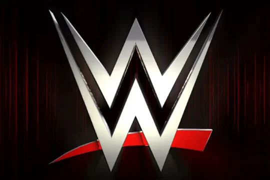 The metallic silver WWE logo with red accents, set against a dark background with vertical red lines.