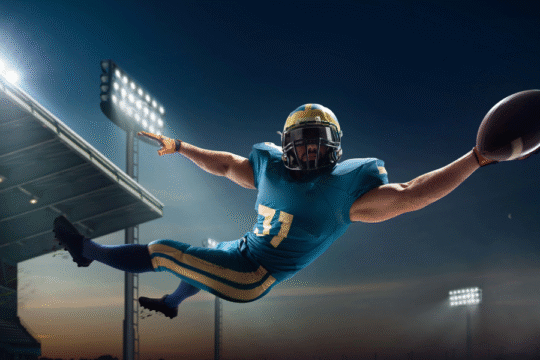 American football player in blue and yellow uniform making a dramatic mid-air catch under stadium lights at night.