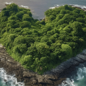 An aerial view of a lush green, heart-shaped island.