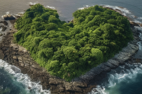 An aerial view of a lush green, heart-shaped island.