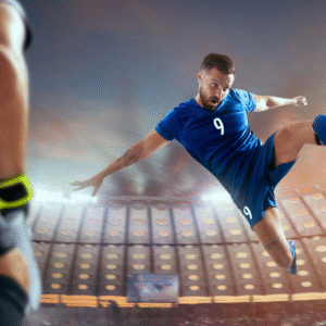 Soccer player in blue mid-air kicking ball in stadium.
