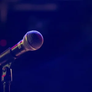A close-up of a microphone on a stand, illuminated by stage lights.