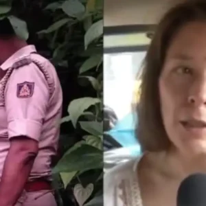 A split image showing a woman with police officers on the left, and the same woman speaking into a microphone on the right.
