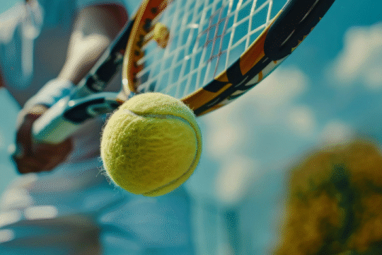 Tennis ball in mid-air with racket and blurred player.