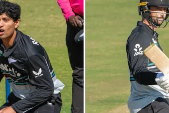A split image showing a cricketer bowling on the left and another with a bat on the right.