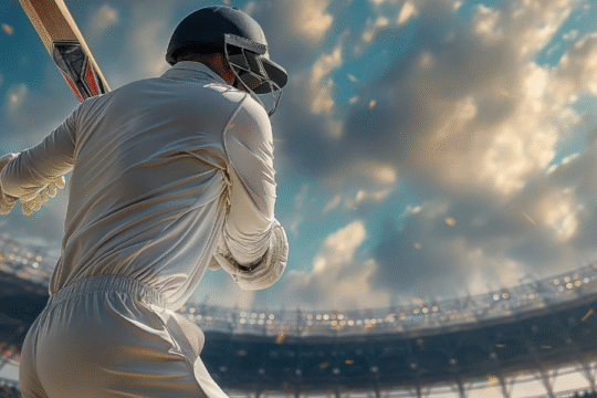 Rear view of cricketer batting in stadium.