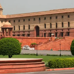 The Rashtrapati Bhavan in New Delhi, India, with its grand architecture and dome.