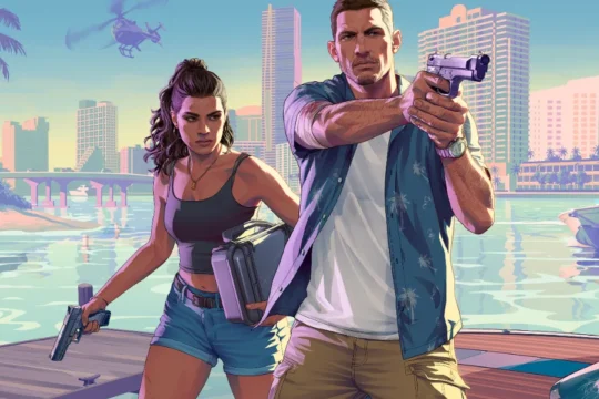 Two characters, a man and a woman, holding guns on a dock in a city.