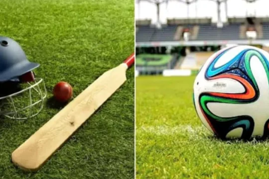 Split image: cricket gear on left, soccer ball on stadium grass on right.