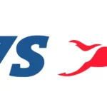 The TVS logo featuring blue text "TVS" and a red leaping horse.
