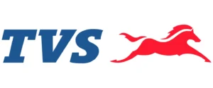 The TVS logo featuring blue text "TVS" and a red leaping horse.