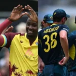 Split image of cricket players: West Indies celebrating on the left, Australians on the right.
