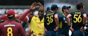 Split image of cricket players: West Indies celebrating on the left, Australians on the right.