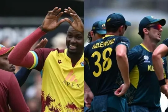 Split image of cricket players: West Indies celebrating on the left, Australians on the right.